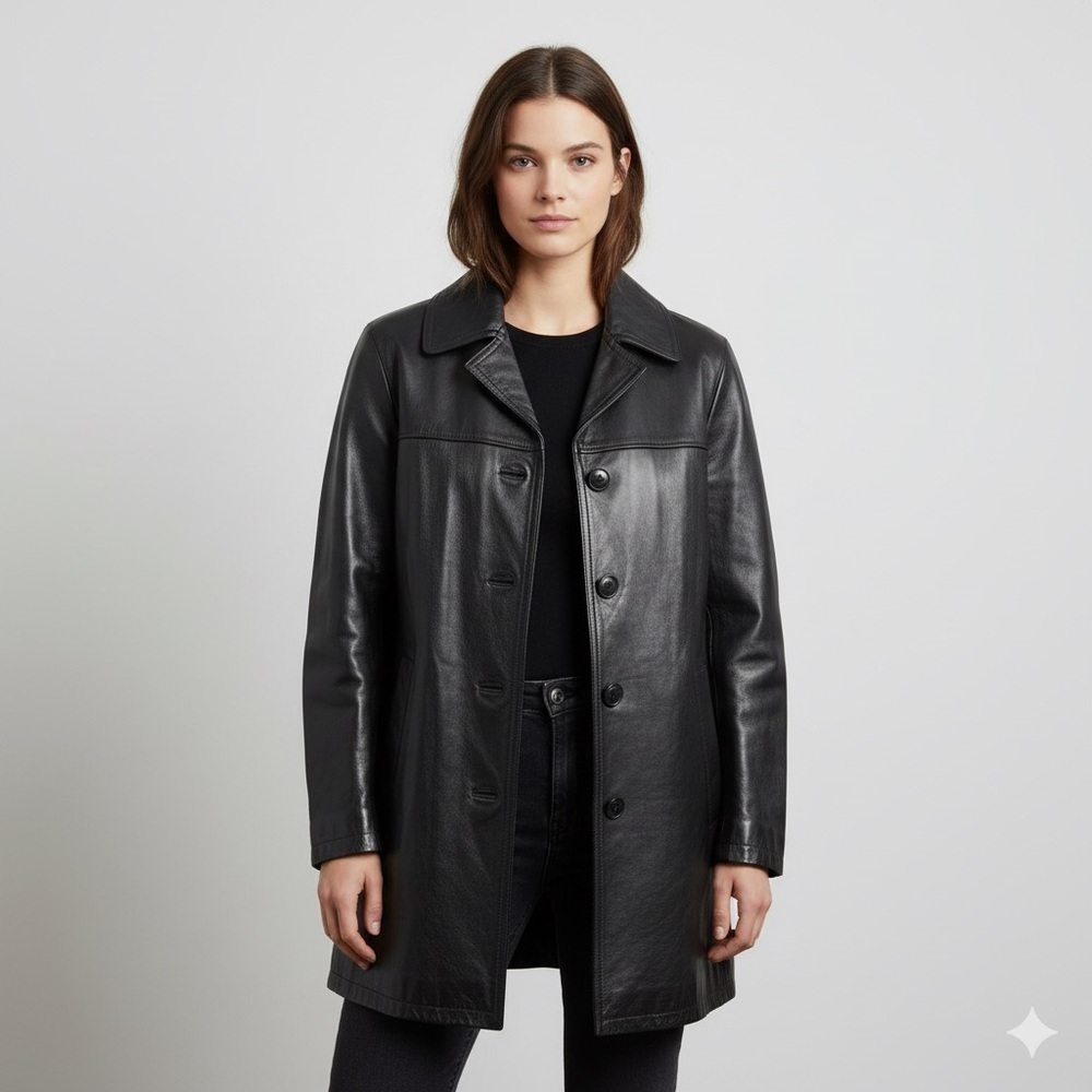 Vintage 90s Y2K Roots Black 100% Leather Straight Cut Mid Length Car Coat - 6/S